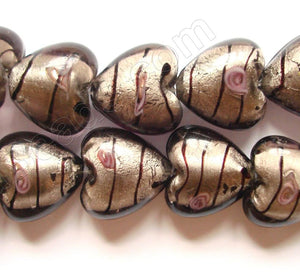 Silver Foil Glass Beads   16"  Puff Heart - Grey with Stripes, Flower
