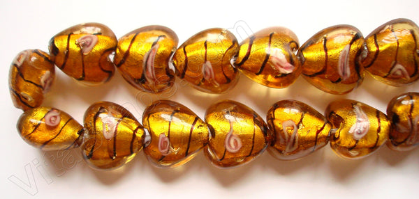 Silver Foil Glass Beads   16"  Puff Heart - Amber with Stripes, Flower