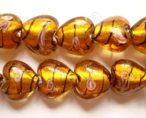 Silver Foil Glass Beads   16"  Puff Heart - Amber with Stripes, Flower