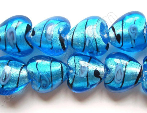Silver Foil Glass Beads   16"  Puff Heart - Ocean Blue with Stripes, Flower