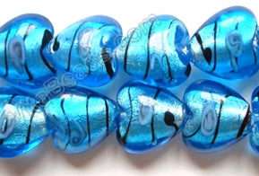 Silver Foil Glass Beads   16"  Puff Heart - Ocean Blue with Stripes, Flower