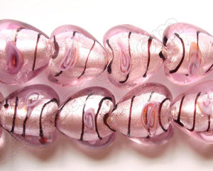 Silver Foil Glass Beads   16"  Puff Heart - Pink with Stripes, Flower