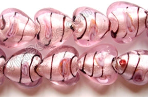 Silver Foil Glass Beads   16"  Puff Heart - Pink with Stripes, Flower