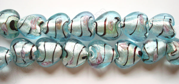 Silver Foil Glass Beads   16"  Puff Heart - Light Aqua Blue with Stripes, Flower