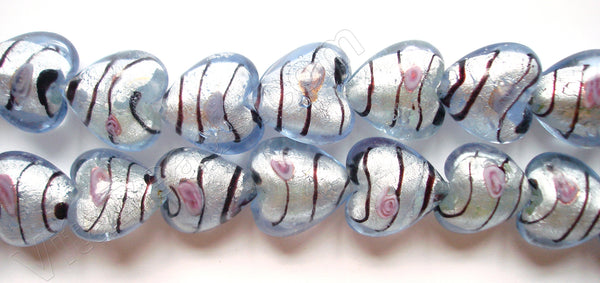 Silver Foil Glass Beads   16"  Puff Heart - Light Blue with Stripes, Flower