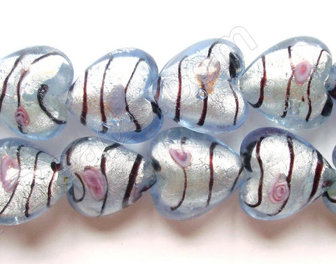 Silver Foil Glass Beads   16"  Puff Heart - Light Blue with Stripes, Flower