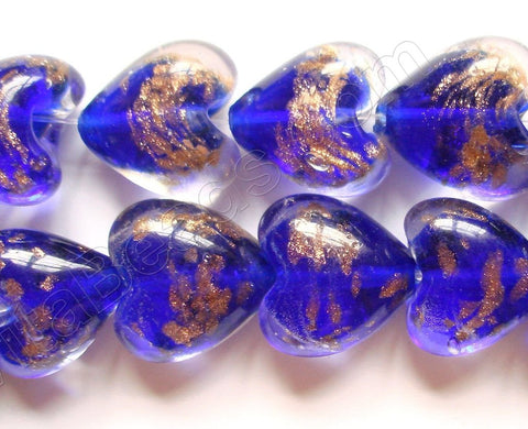 Silver Foil Glass Beads   16"  Puff Heart - Royal Blue with Gold Sprinkles