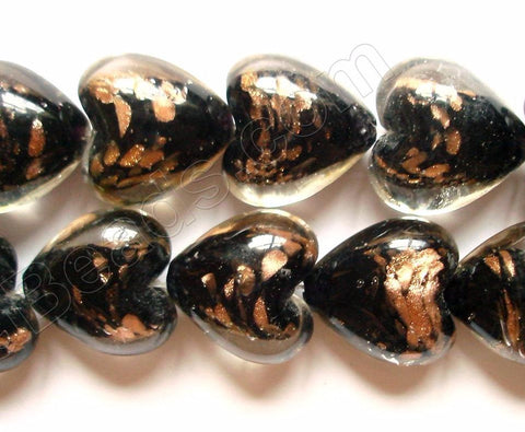 Silver Foil Glass Beads   16"    Puff Heart - Black with Gold Sprinkles