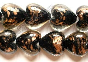 Silver Foil Glass Beads   16"    Puff Heart - Black with Gold Sprinkles