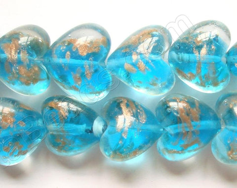 Silver Foil Glass Beads   16"  Puff Heart - Aqua Blue with Gold Sprinkles
