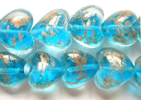 Silver Foil Glass Beads   16"  Puff Heart - Aqua Blue with Gold Sprinkles