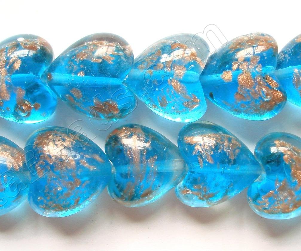 Silver Foil Glass Beads   16"  Puff Heart - London Blue with Gold Sprinkles