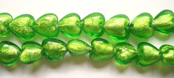 Silver Foil Glass Beads   16"  Puff Heart - Lime Green