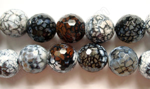 Natural Fire Agate White Black  -  Faceted Round Beads  16"