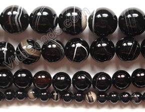 Dark Black Sardonix Agate - Smooth Round Beads  16"