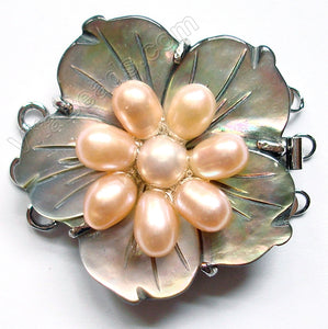 Shell Clasps - Grey Carved Flower w/ Peach Pearl Custer For Triple Strand