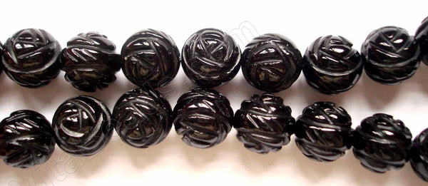 Black Onyx  -  Carved Rose Round Beads  16"