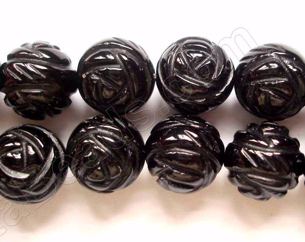 Black Onyx  -  Carved Rose Round Beads  16"