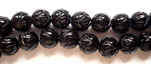 Black Onyx  -  Carved Lotus Round Beads  16"