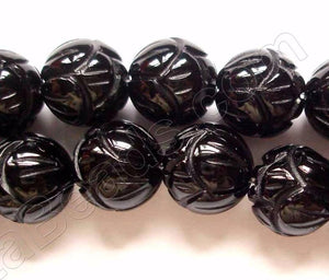 Black Onyx  -  Carved Lotus Round Beads  16"