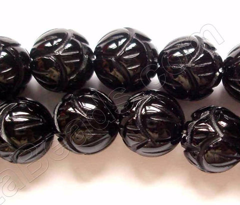 Black Onyx  -  Carved Lotus Round Beads  16"