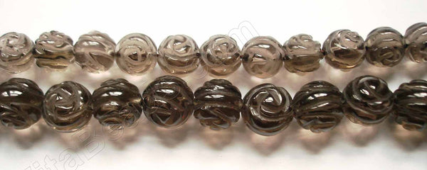 Smoky Quartz  -  Carved Rose Round Beads  16"