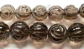 Smoky Quartz  -  Carved Rose Round Beads  16"