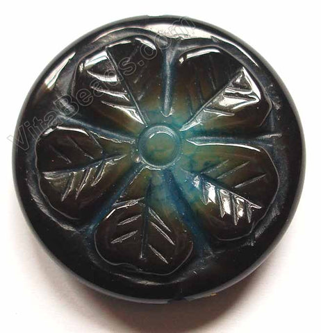 Round Pendant - Dark Black Agate with Double Side Carved 5-petal Blue Flower