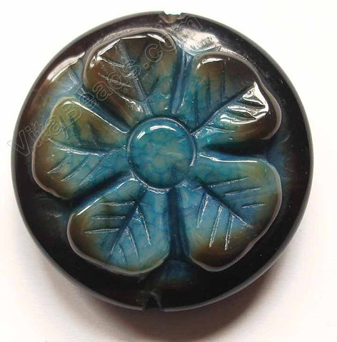 Round Pendant - Light Black Agate with Double Side Carved 5-petal Blue Flower