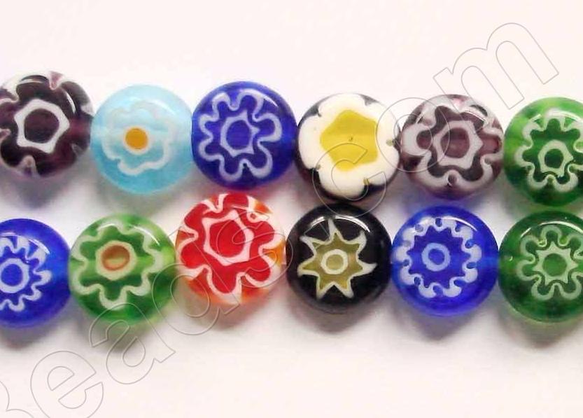 Glass Beads  -  Puff Coin - Mixed Flower   16"