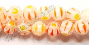 Glass Beads  -  Smooth Round  -  White w/ Orange Flowers  16"