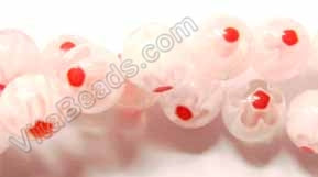 Glass Beads  -  Smooth Round  -  White w/ Red Flowers  16"