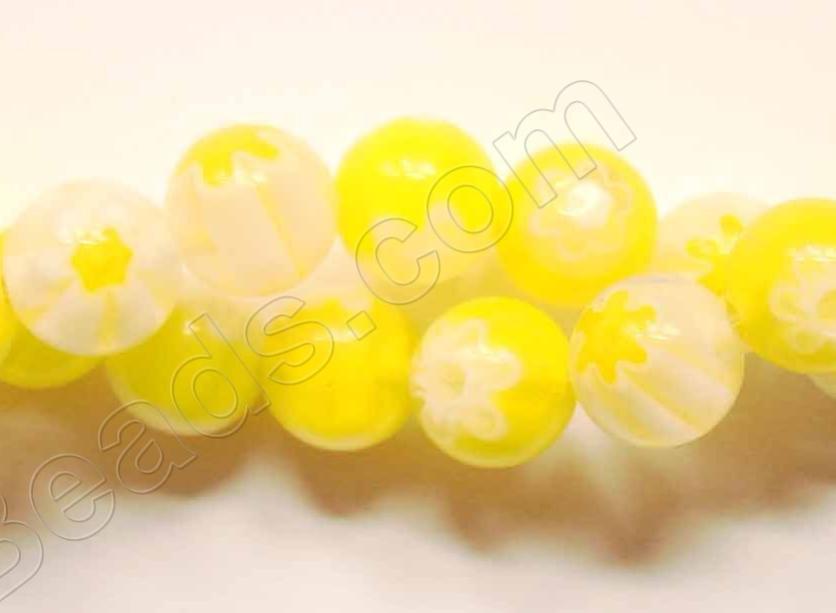 Glass Beads  -  Smooth Round  -  Yellow w/ White Flowers  16"