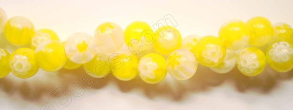 Glass Beads  -  Smooth Round  -  Yellow w/ White Flowers  16"