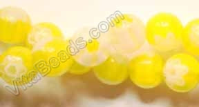 Glass Beads  -  Smooth Round  -  Yellow w/ White Flowers  16"