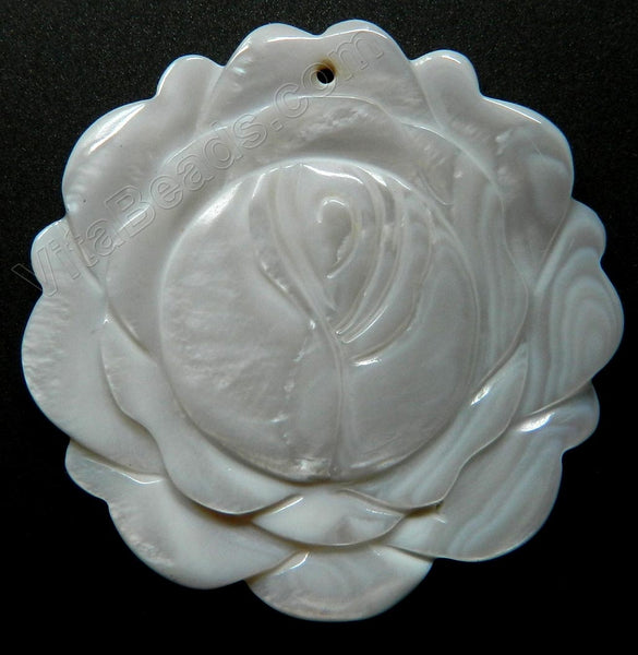 Carved Shell Pendant Round Rose - Cream White