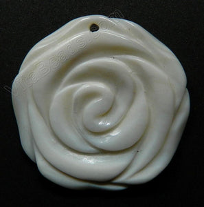 Carved Shell Pendant Round Rose Flower - Cream White