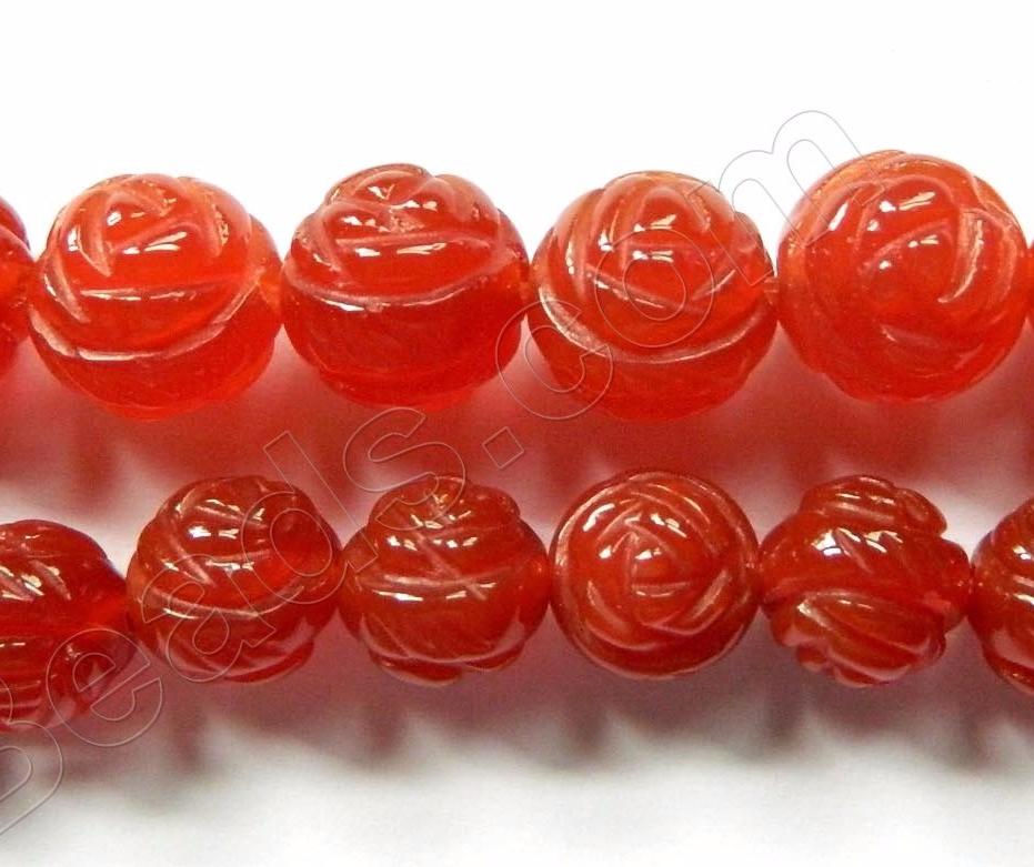 Carnelian  -  Carved Rose Round Beads  16"    10 mm
