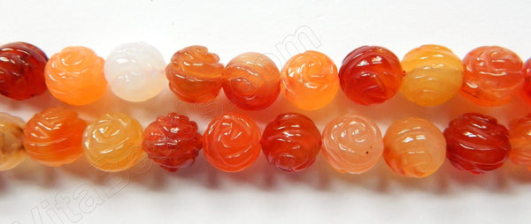 Natural Carnelian  -  Carved Rose Round Beads  16"