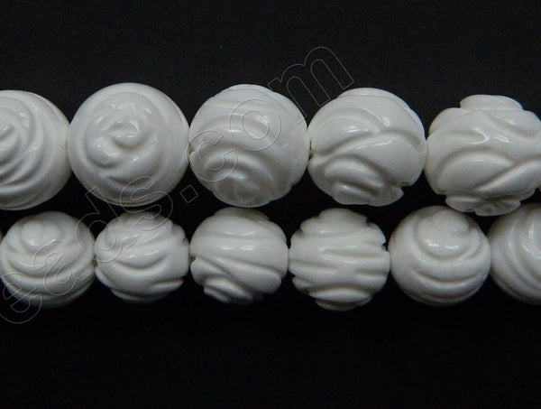 White Jasper  -  Carved Rose Round Beads  16"