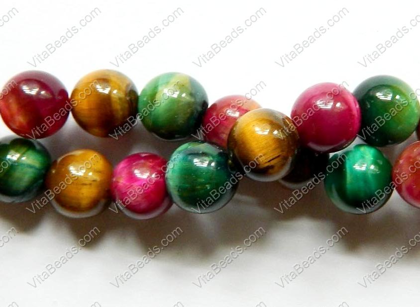 Mixed 4 Color Tiger Eye - Smooth Round  16"    Yellow, Green, Fuchsia, Blue      8 mm