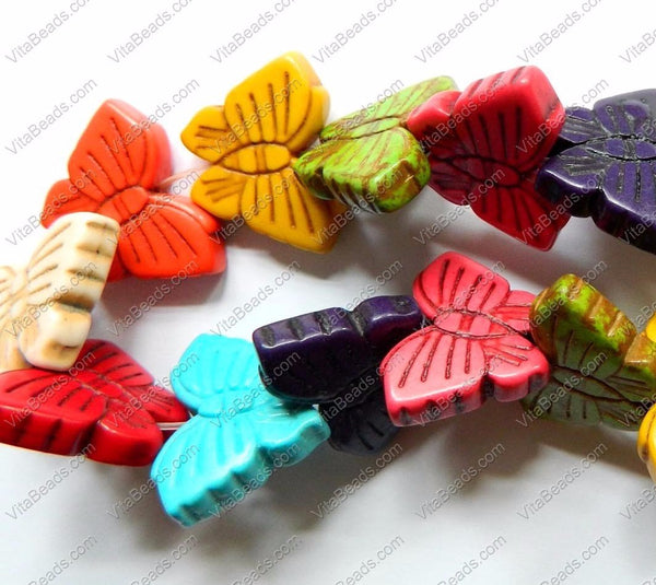 Mixed Color Cracked Turquoise  -  Carved Butterfly Strand  14"