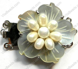 Shell Clasps - Grey Carved Flower w/ White Pearl Custer For Triple Strand