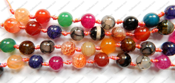Mixed Fire Agate w/ Knot  -  Smooth Round Beads  16"     12 mm