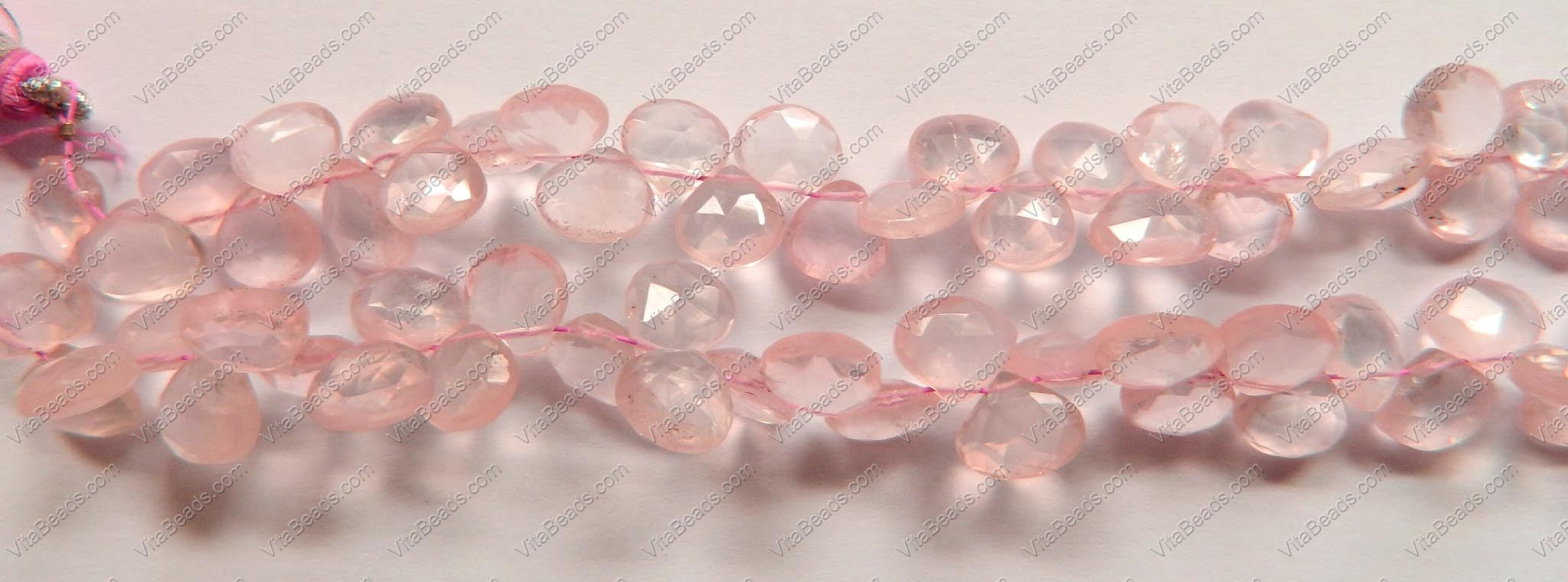 Rose Quartz AAA  -  Faceted Flat Briolette, Faceted Heart Side-drill  6"