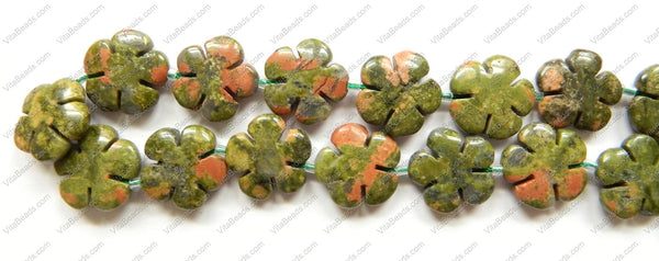 Unakite  -  Carved 5 Petal Flower Strand  16"    20 mm