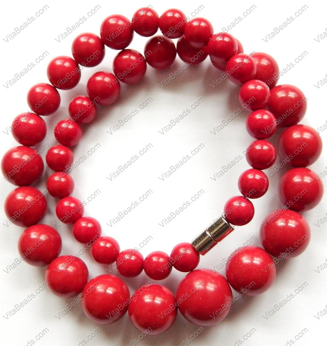 Synthetic Coral Graduated Smooth Round Necklace 18"    7 - 15 mm