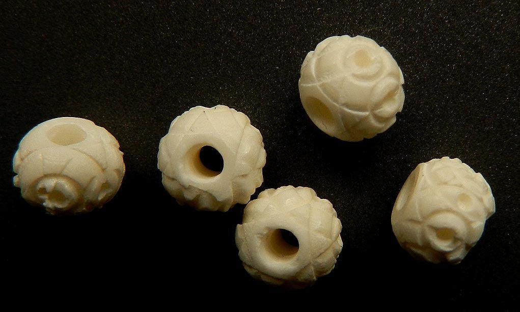 Carved Bone Beads - White - Round - 6x8mm #9108