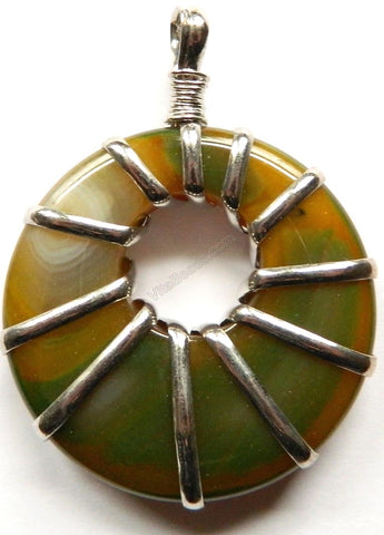 Natural Agate Donut Pendant w/ Wire Bail - Green