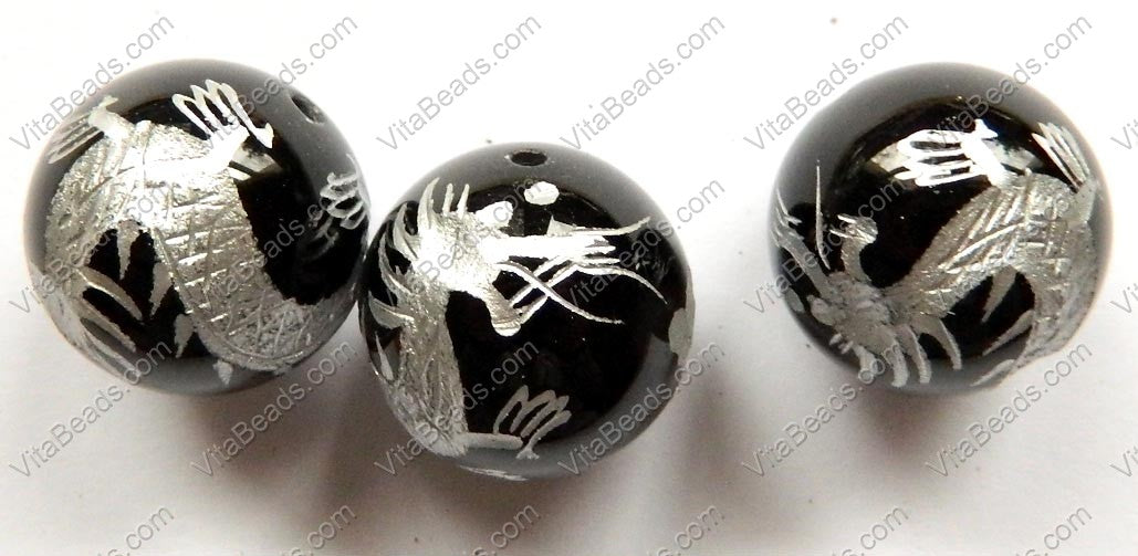 Black Onyx   Carved Silver Dragon Smooth Round Bead